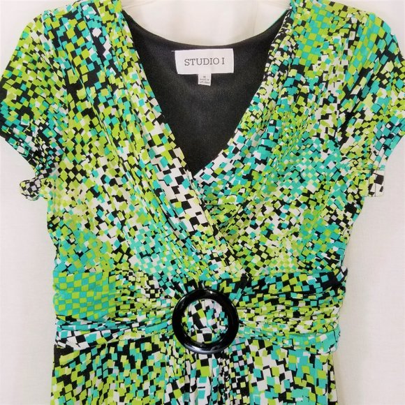 STUDIO1 Dress Women Green Multi Color Short Sleeve V-Neck Waist Detail Size 8 - Picture 3 of 8